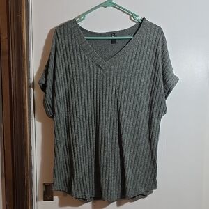 Gray V-Neck Ribbed Women's Top